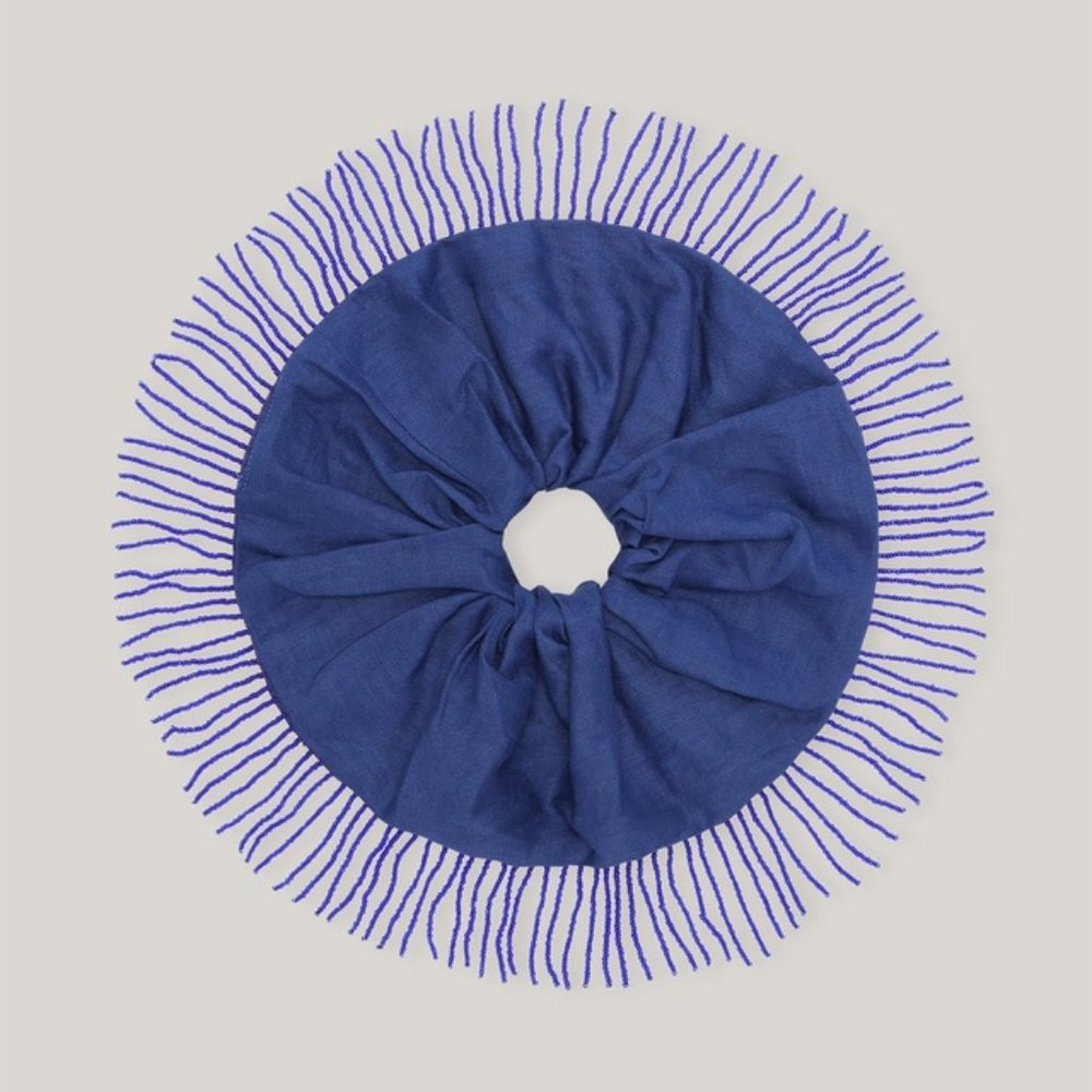 GANNI Oversized Maximalist  Linen Beaded Fringe Scrunchie | Blue